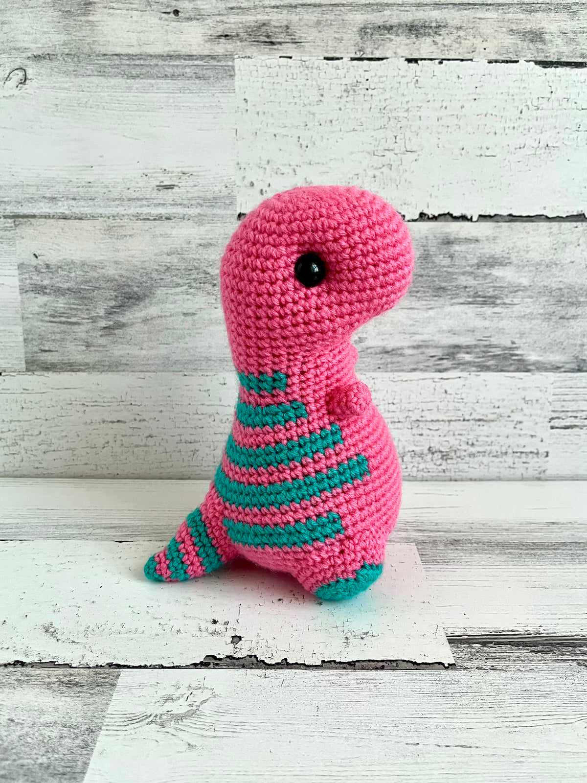 Indy’s Dino - Tropical Pink with Teal Stripes - Chubby Dinosaur