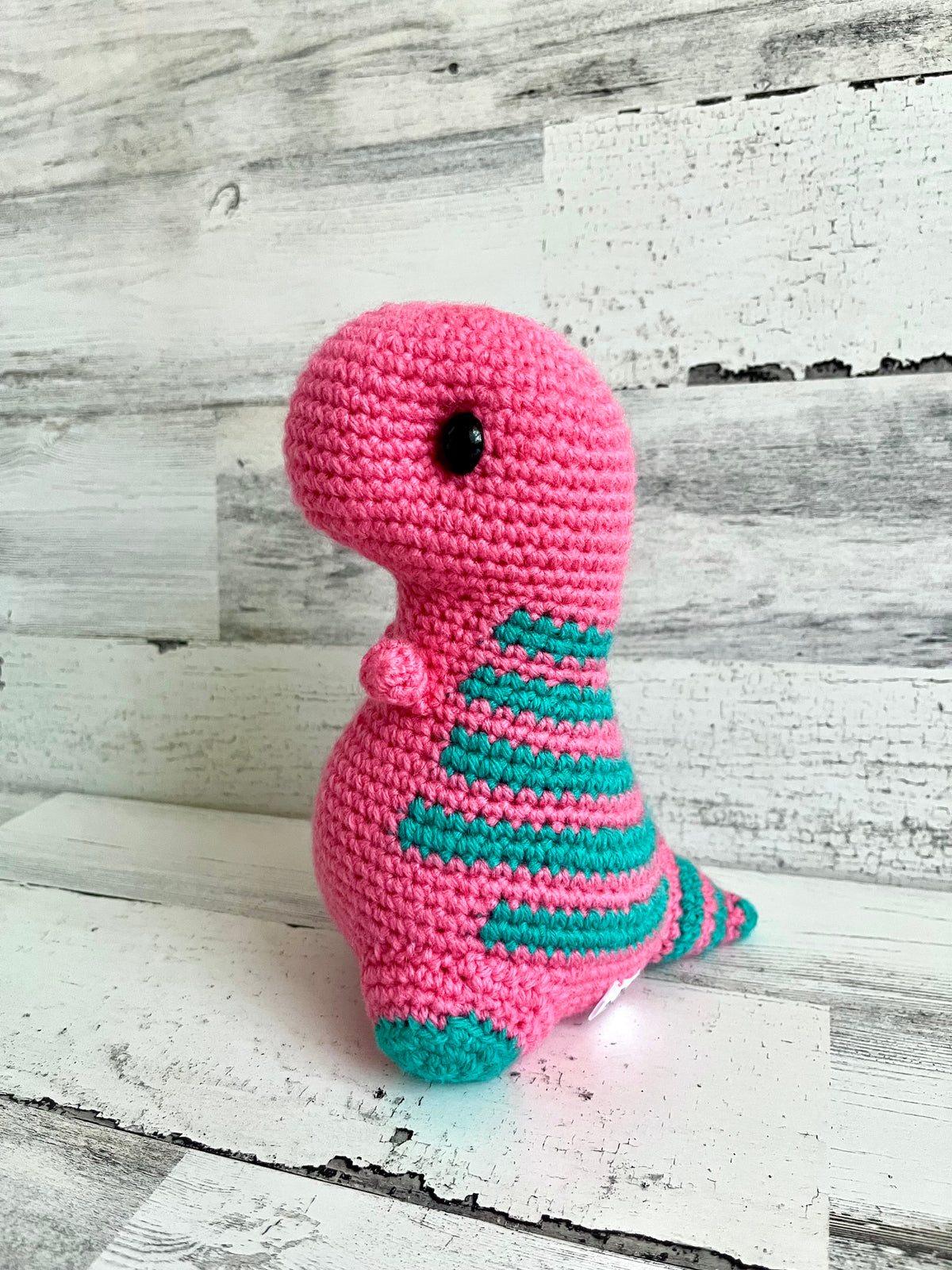 Indy’s Dino - Tropical Pink with Teal Stripes - Chubby Dinosaur