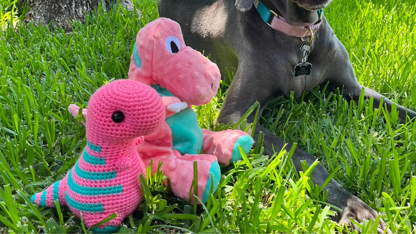 Indy’s Dino - Tropical Pink with Teal Stripes - Chubby Dinosaur