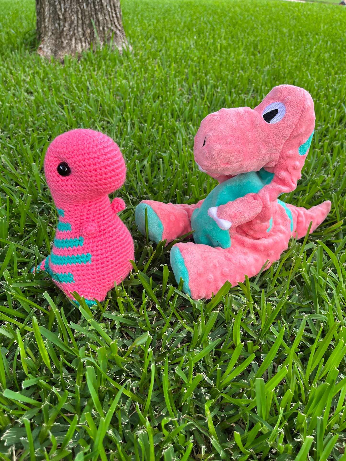 Indy’s Dino - Tropical Pink with Teal Stripes - Chubby Dinosaur